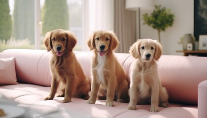 Three cute retriever dogs sitting on pink sofa with blank space for text or branding design mockup