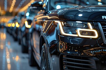 Luxury car dealership: Premium business black SUVs in showcase