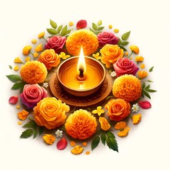 Watercolor style illustration of diya lamp with flowers for puthandu celebration. - obrazy, fototapety, plakaty