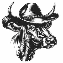 bull cow head wearing a cowboy hat isolated on a white background	