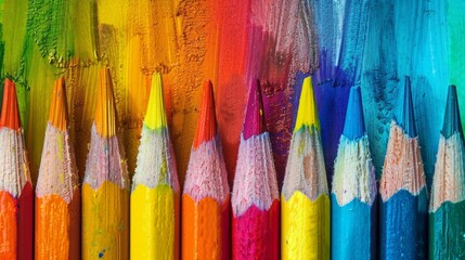 A row of crayons in different colors over a multi colored background. Back to school concept