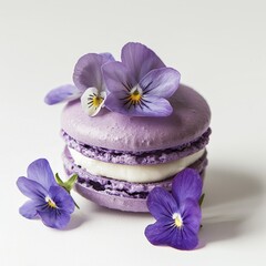 Fototapeta na wymiar Close up of lavender macaron with flowers on white background