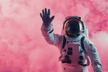 A space traveler in a detailed astronaut suit extends a hand on a vivid pink background, suggesting communication - obrazy, fototapety, plakaty