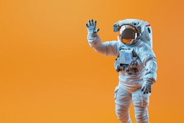 Space explorer in a full astronaut suit gestures on a stark orange background, highlighting contrast and focus - obrazy, fototapety, plakaty