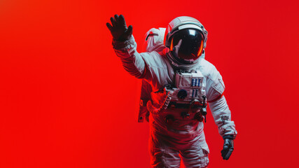 An astronaut's hand up in a stop sign against a vivid red background, portraying caution or danger in space - obrazy, fototapety, plakaty