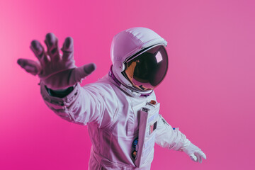 An astronaut in a suit makes a 'no' hand signal against a bright pink background, a mix of sci-fi &...
