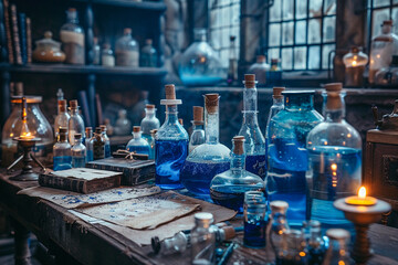 A darkroom where potions replace chemicals, brewing magical developments under a wizard's watchful eye