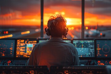 Rear view of air traffic controller in his office at airport