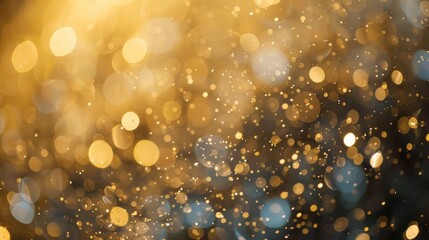 Glittering celebration background bokeh with glowing golden particles and sprinkles. New Year, anniversary, jubilee. - obrazy, fototapety, plakaty