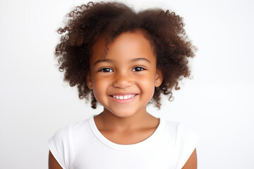 Child girl with white background. Nursery school. Childhood professions. School holidays. Topics related to childhood. Black girl. Afro american girl. African girl.  - obrazy, fototapety, plakaty