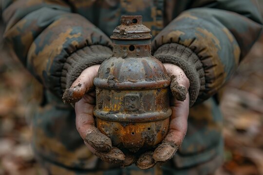Old hand grenade in the hands of a child