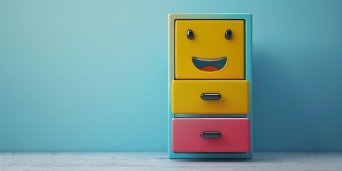a colorful stylized filing cabinet character standing on a white background The cabinet has three drawers - obrazy, fototapety, plakaty