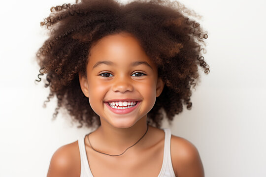 Child girl with white background. Nursery school. Childhood professions. School holidays. Topics related to childhood. Black girl. Afro american girl. African girl. 