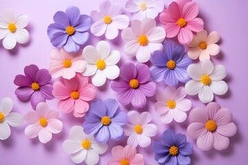 Creative set of bright summer flowers in a frame with copy space on purple background.