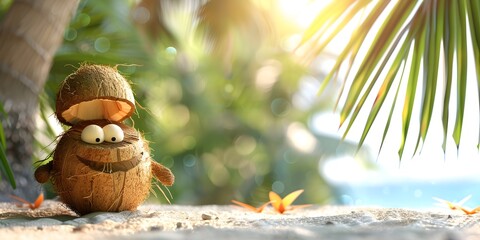 Coconut Character Relaxing Under Palm Tree in Tropical Paradise with Radiant Atmosphere and Copy Space - obrazy, fototapety, plakaty
