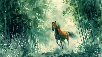 Horse running in the bamboo forest. Horse running in the forest. Water color illustration, an...