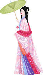 fashion asian woman in vintage luxury dress hanfu with umbrella - 773219320