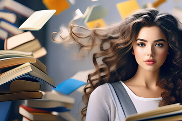 A beautiful girl reads a lot before exams. A large stack of books nearby. A thoughtful look. Wild hair. Concept - time before the session.
