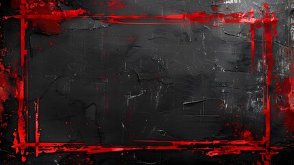 Dramatic red paint strokes arranged in rectangular lines on rugged black wall, red grunge edge print on black background - obrazy, fototapety, plakaty