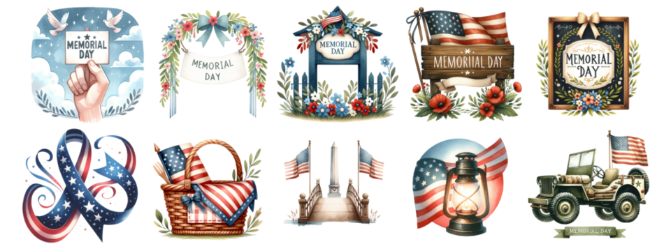 Memorial Day watercolor on white background