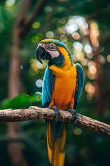 macaw sitting on a branch. beautiful parrot with shine.  Generative AI