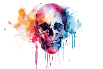 Poster Crâne aquarelle Watercolor colorful graffiti skull illustration isolated on white background. Soft pastel detailed human