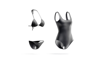 Blank black one-piece swimsuit and bikini mockup, side view