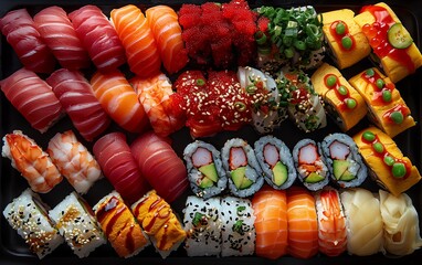 Sushi panorama, assortment of rolls, flat lay composition on a black background, Japanese restaurant menu.
