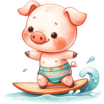 cute summer funny pig, watercolor cute pig,pig at the beach,beach activities,summer pig,summer season.