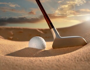 A detailed image of a sand wedge and a golf ball half-buried in a sand bunker, highlighting the textures of the sand grains and the anticipation of a difficult shot - obrazy, fototapety, plakaty
