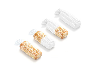 Blank bread in white transparent cellophane pack mockup, side view