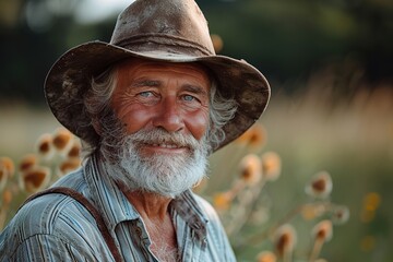 Fototapeta premium Portrait of an old male farmer smiling on a farm