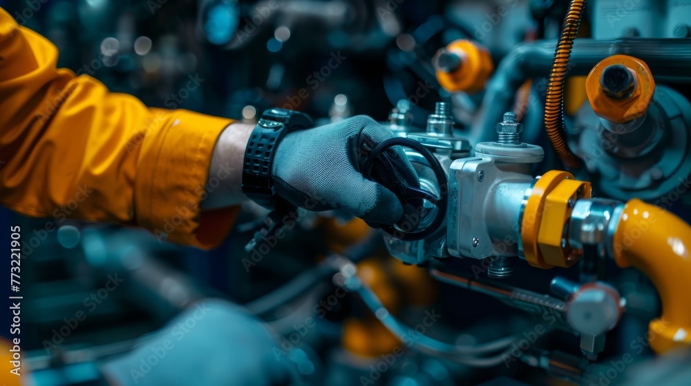Poster assisting with and servicing equipment through hand touching maintenance and repair...