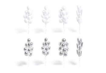 Blank silver and white balloon bouquet mockup, different shapes