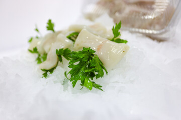 Raw fresh squid with parsley on ice background. Top view.