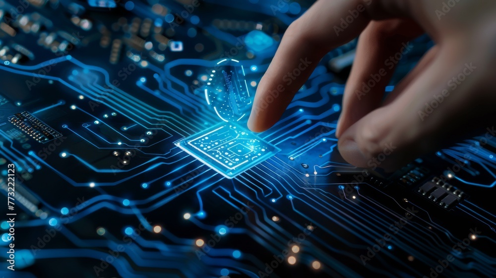 Fototapete UI using artificial intelligence (AI) with deep learning and data mining, via hand touch of the CPU icon...