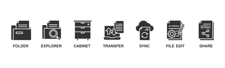 File management banner web icon vector illustration concept with icon of file folder, file explorer, file cabinet, file transfer, file sync, edit, file share, file lock	