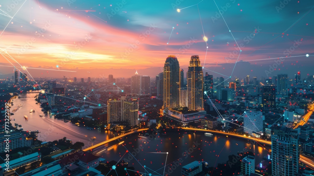Aufkleber abstract bangkok city background showing wireless network and connection technology.