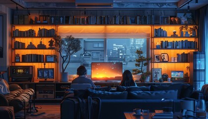 Effortless Home Control, effortless home control with showing homeowners using voice commands or mobile devices to adjust lighting, temperature, and security settings, 