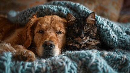 a golden retriever dog and a black-and-white cat snuggling affectionately on a light blue fuzzy blanket, capturing the warmth and coziness of their bond.