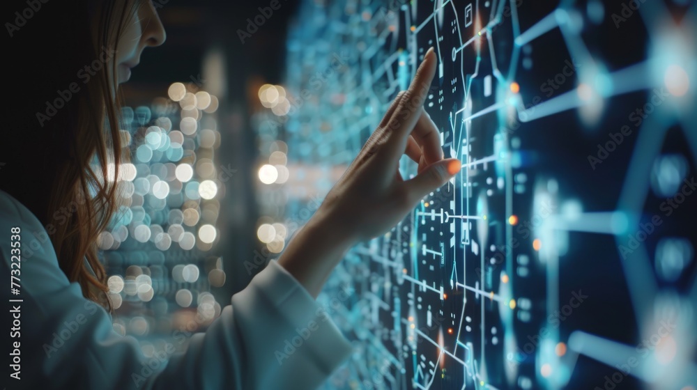 Aufkleber Concept of Big Data. Digital neural network. Hand touching of businesswoman. Introduction of artificial intelligence. Science and technology of the future.
