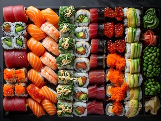 Sushi panorama, assortment of rolls.