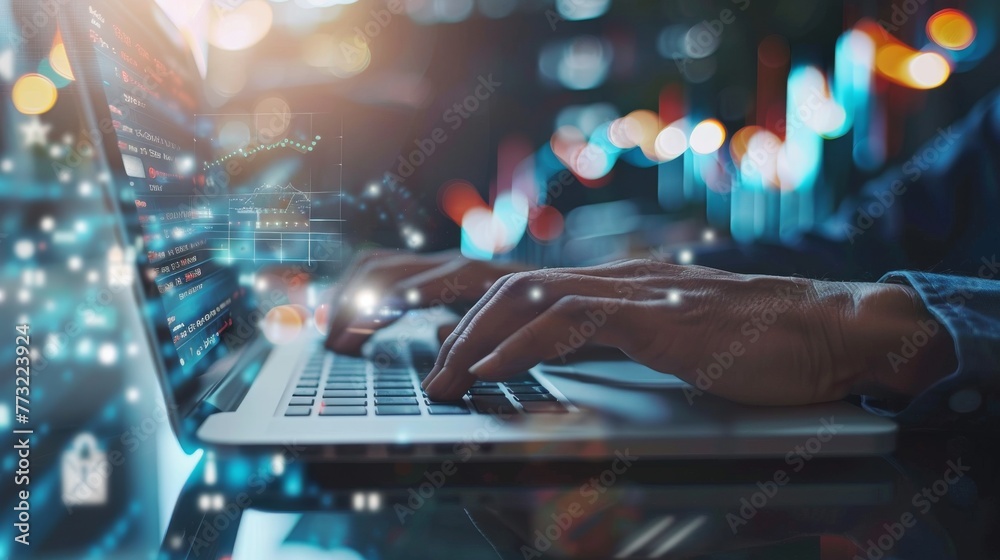 Poster An entrepreneur using a laptop computer to work on technology and digital marketing. Financial and banking global network connections investors and customers with sale data exchange.