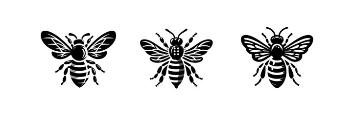  Set of Silhouette icon of Honey bee vector illustration, isolated over on transparent white background - obrazy, fototapety, plakaty