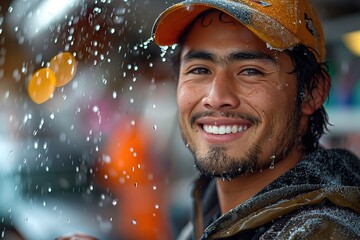 Smiling male hispanic worker in a car wash