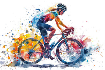 Colorful watercolor painting of side view woman cyclist in road bike