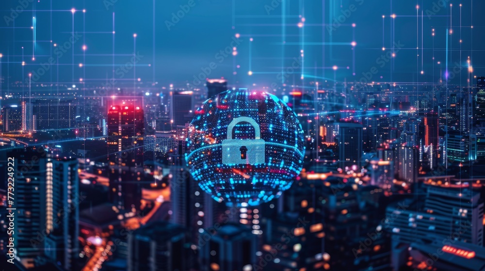 Aufkleber a cyber security data protection concept on a city background...........
