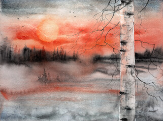 A sunset painting over a lake civered with snow with birch trees in the foreground - 773224943