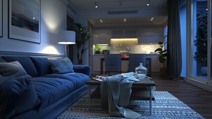 Cozy evening living room interior with soft ambient lighting, comfortable blue sofa, and modern decor. Home relaxation and tranquility.