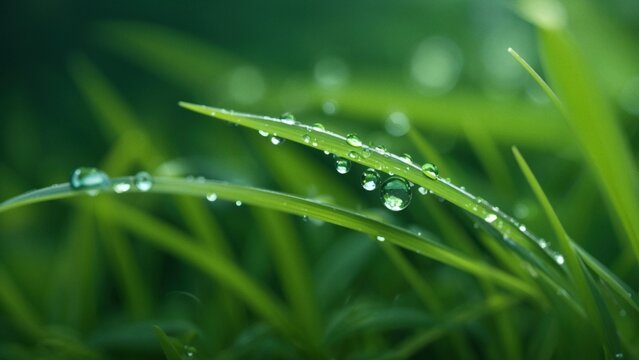 Wet green grass covered in fresh rain dew water drops macro close-up illustration. Realistic detailed nature eco background wallpaper header design concept with blur bokeh effect.